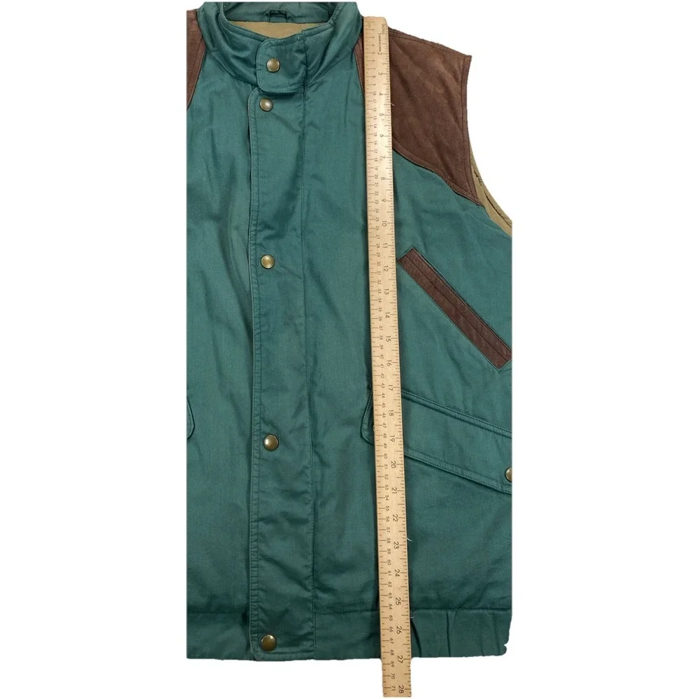 Eddie Bauer Men's Large Goose Down Vest Leather Trim Button Up Green
